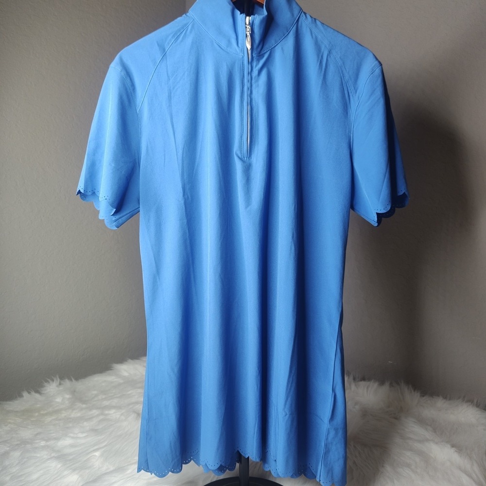 Tail Golf Top Women Medium Blue Quarter Zip Short Sleeve Scalloped Hem Mesh Back